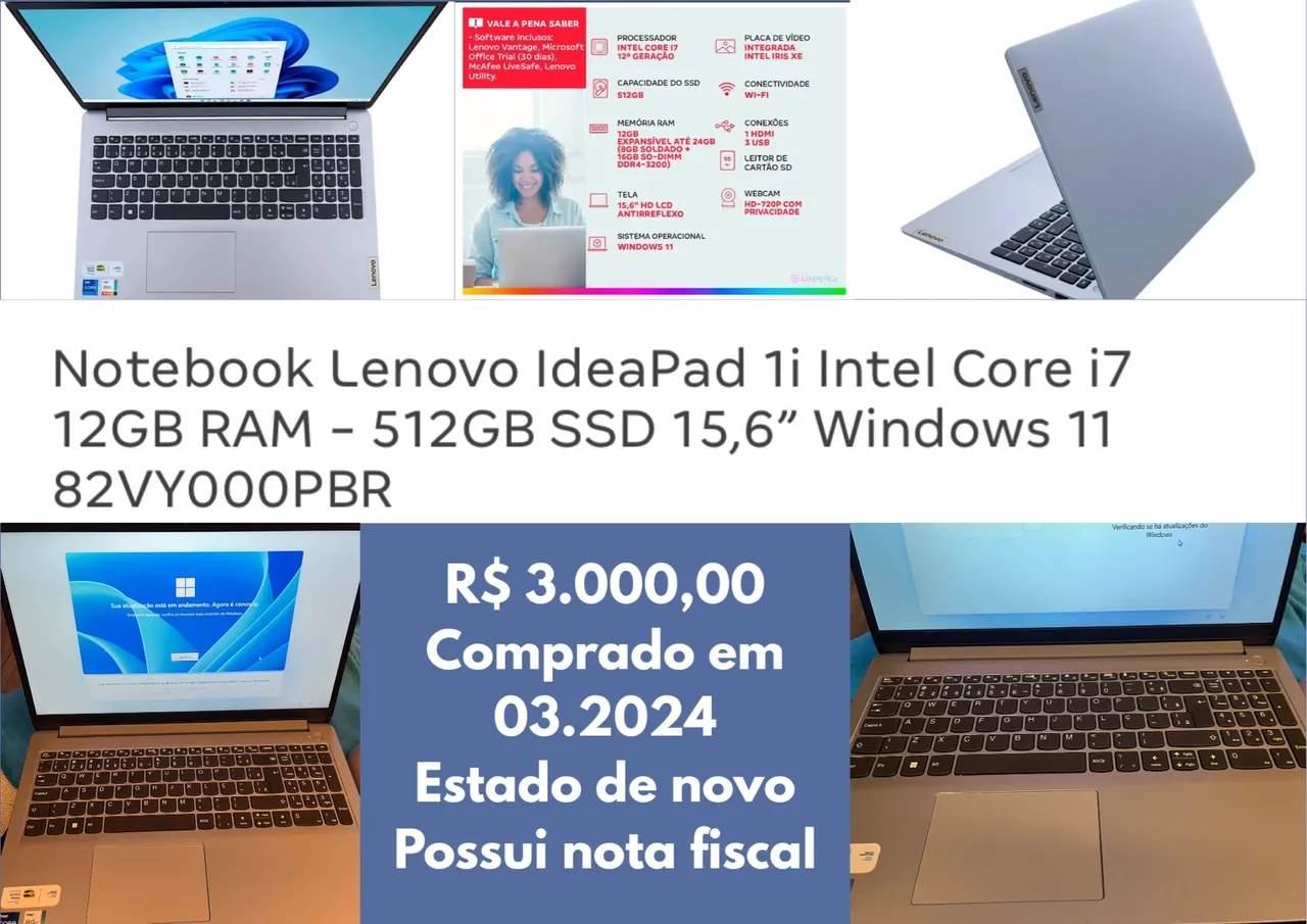Notebook Lenovo IdeaPad 1i Intel Core i7 12GB RAM 512GB SSD
