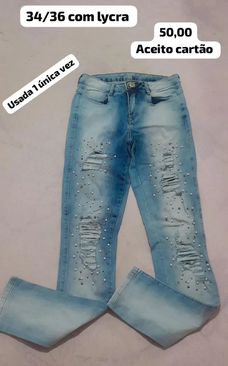 Calça Jeans Destroyed com Lycra - Tamanho 34/36
