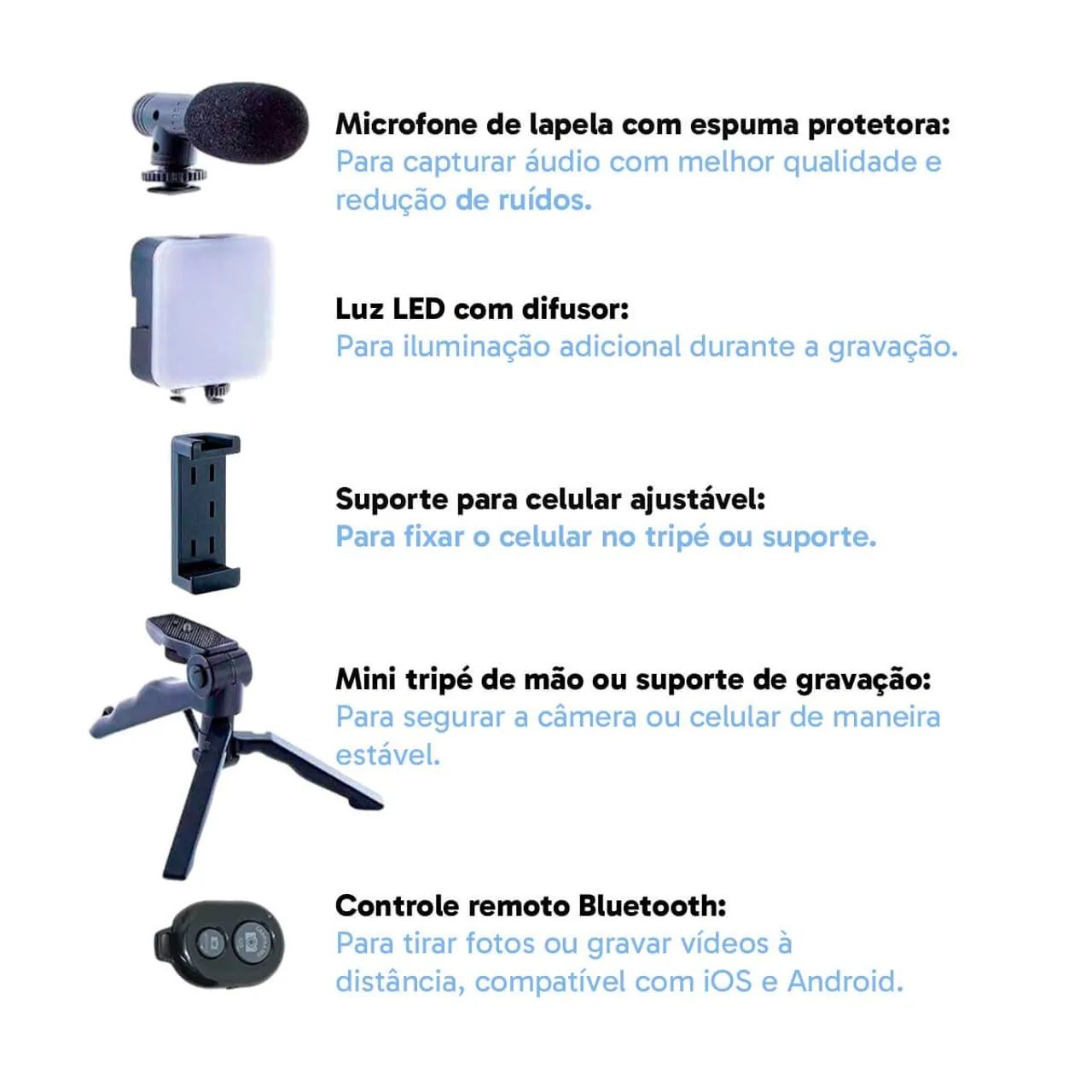 Kit de Gravação 5 em 1 para Celular Tripé, LED, Microfone e Controle Remoto Novo/Nota - Foto 6