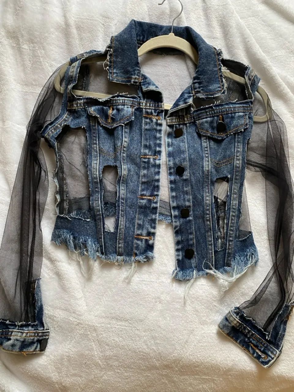 Jeans Cropped Jaqueta Jeans Com Tule Na Manga Jaqueta Jeans