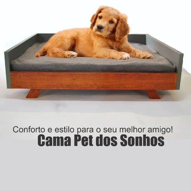 Cama Pet em Madeira Para Cães e Gatos com Colchão de Espuma Forrado.