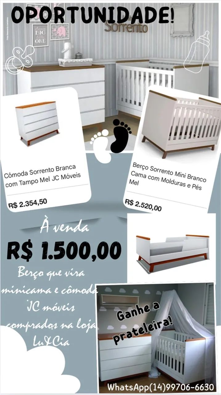 Quarto de bebê completo: berço, cômoda e porta fraldas