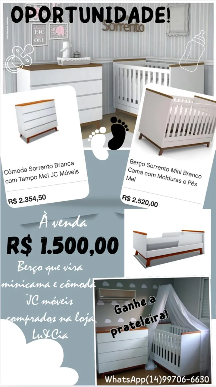 Quarto de bebê completo: berço, cômoda e porta fraldas