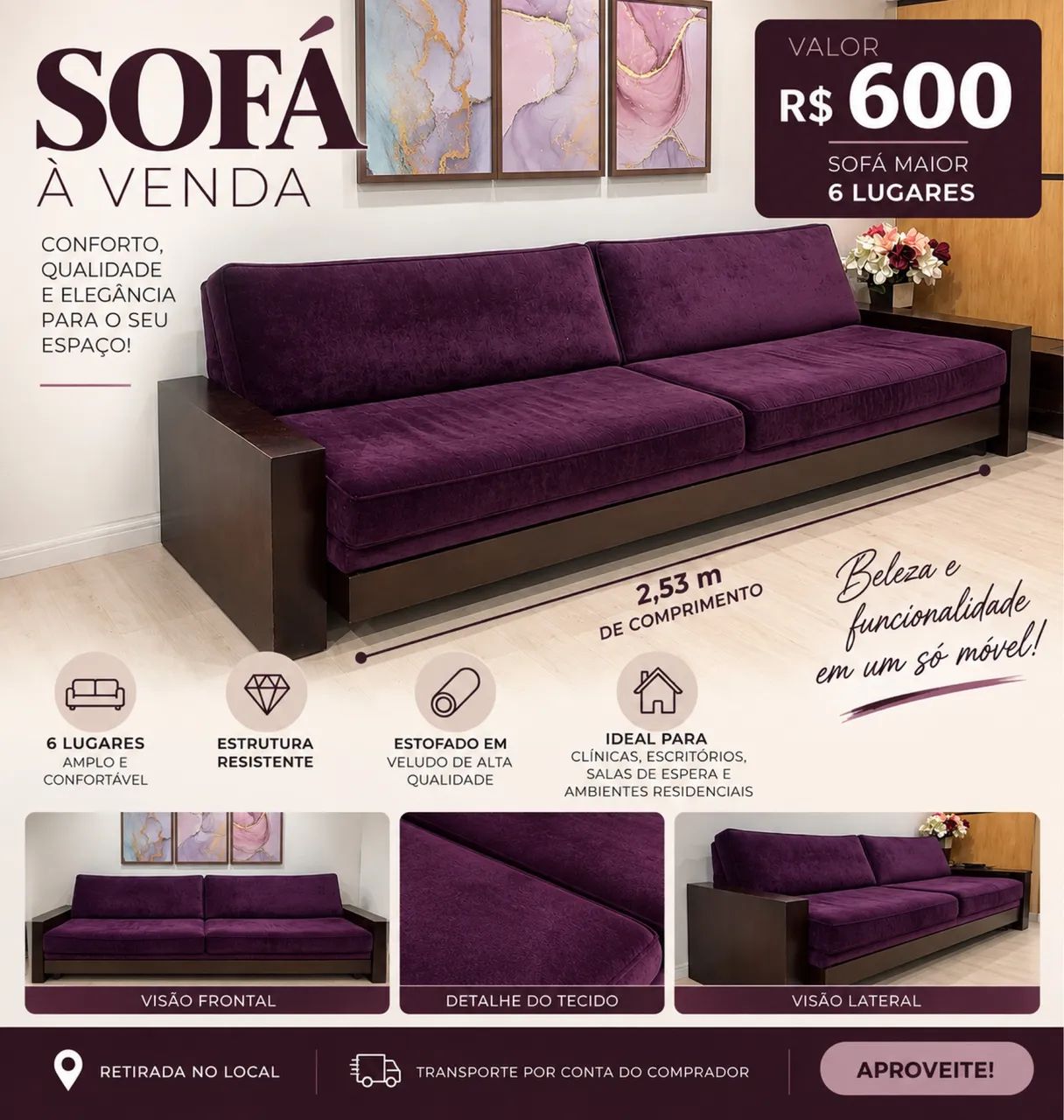 2 Sofás de Veludo Roxo - 6 e 5 Lugares - Excelente Estado