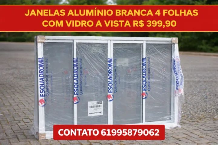 Janelas de alumínio branca com vidro 4 folhas 1.0x1.0 a vista R$399,90