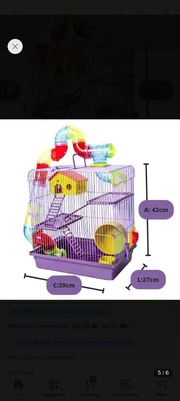 Gaiola hamster 3 andares completa com casinha e roda. - Foto 4