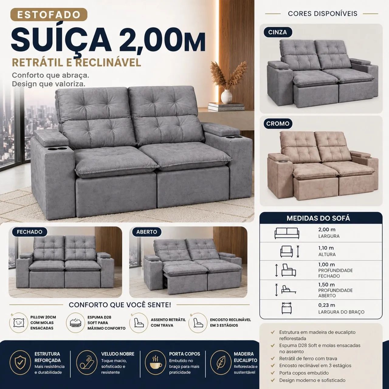 Sofá suíça retrátil e reclinável 2.00m cinza 