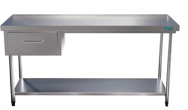 Mesa Bancada Em Aço Inox com Duas Gavetas e Prateleira