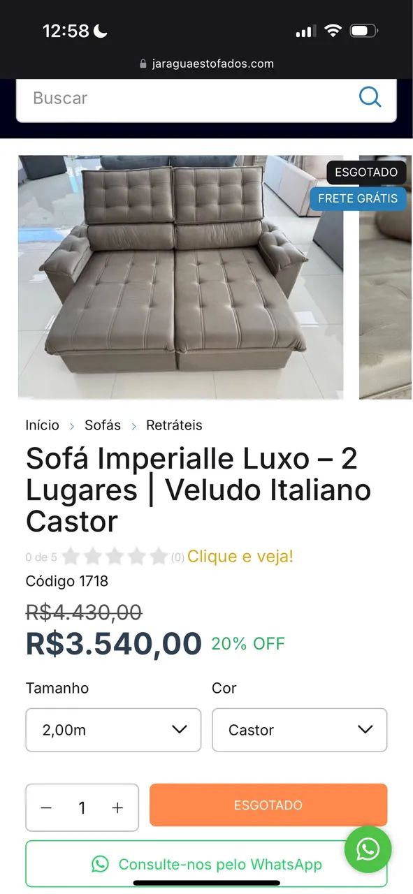 sofá retrátil 2 metros cinza - jaraguá estofados