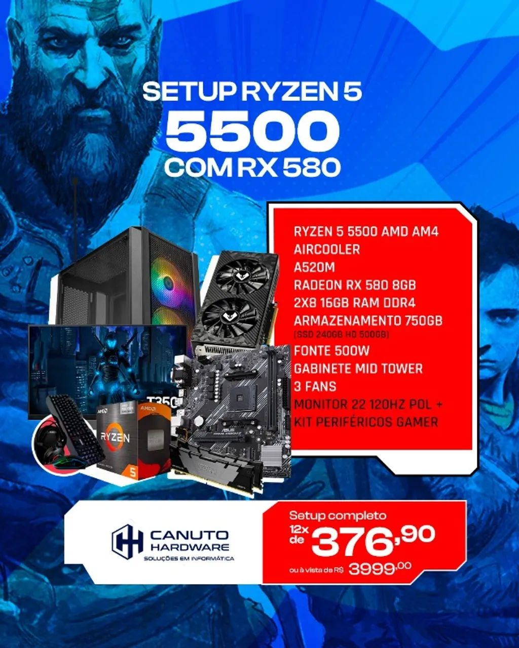 Setup completo Ryzen 5 5500 com RX 580 8 GB