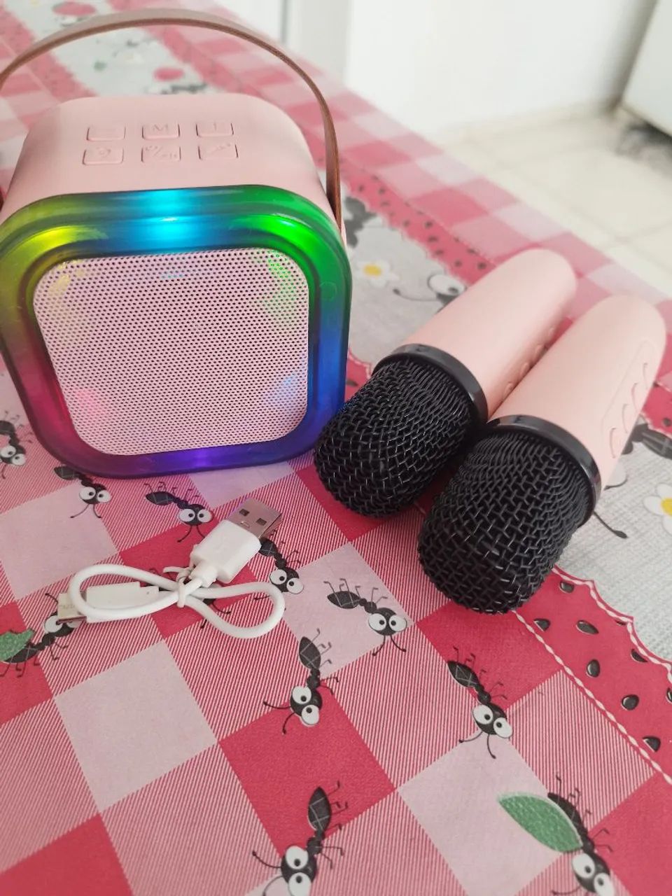 Caixinha de som com 2 microfones, mochila stity, varal sanfonado 