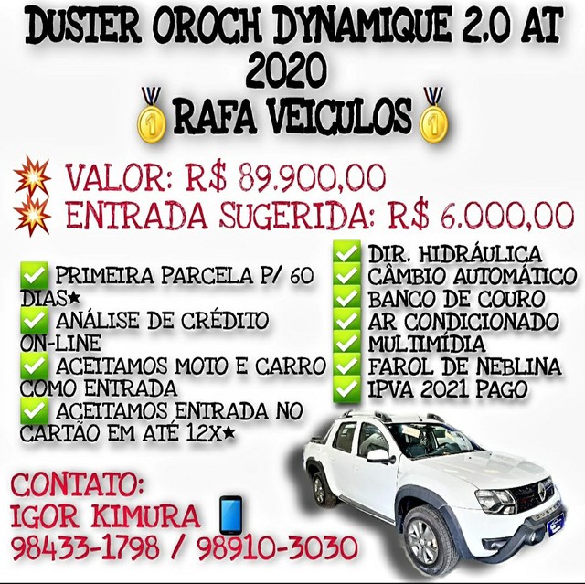 RENAULT DUSTER OROCH DYNAMIQUE 2.0 AT FLEX 2020 RAFA VEICULOS FALAR COM IGOR UH890**