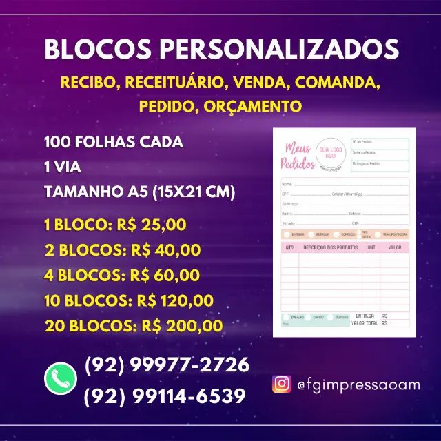 Blocos Recibo, Orçamento, Pedidos, Venda Personalizados