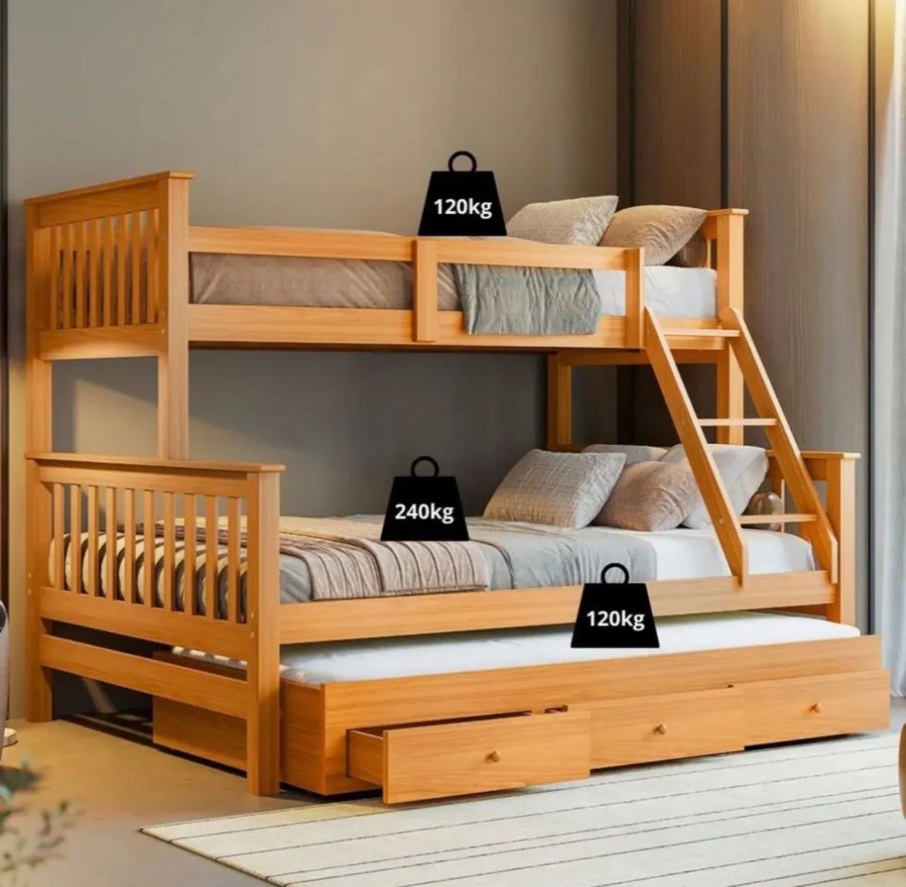 Solid Wood Bunk Bed with Double Bed64317204324097123