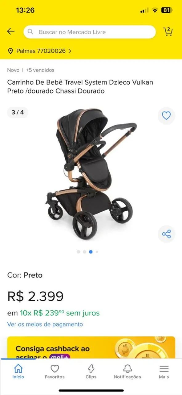 Carrinho de Bebê Travel System Dzieco Vulkan Preto/Dourado