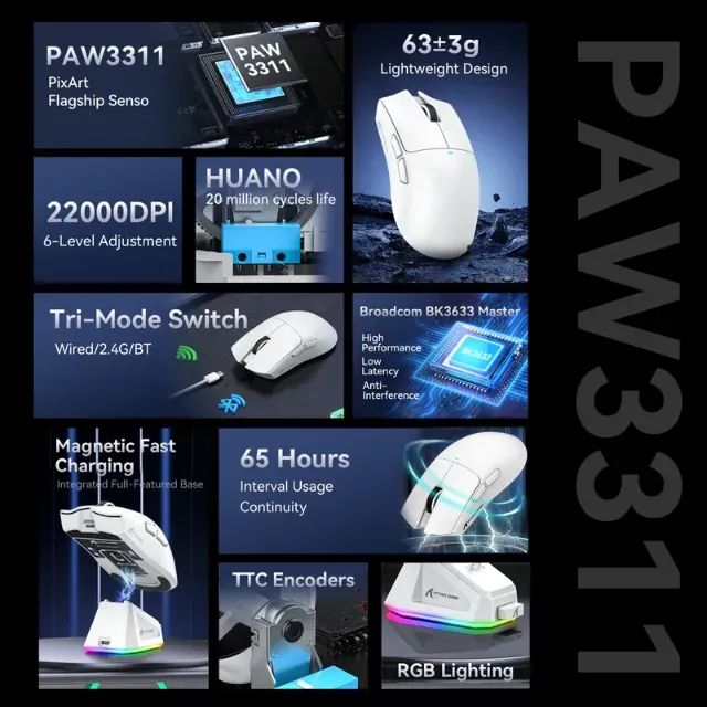 Mouse Attack Shark X11 Sem Fio + Base de Carregamento, Tri-Mode, PAW3311, Branco - [Novo]  - Foto 5