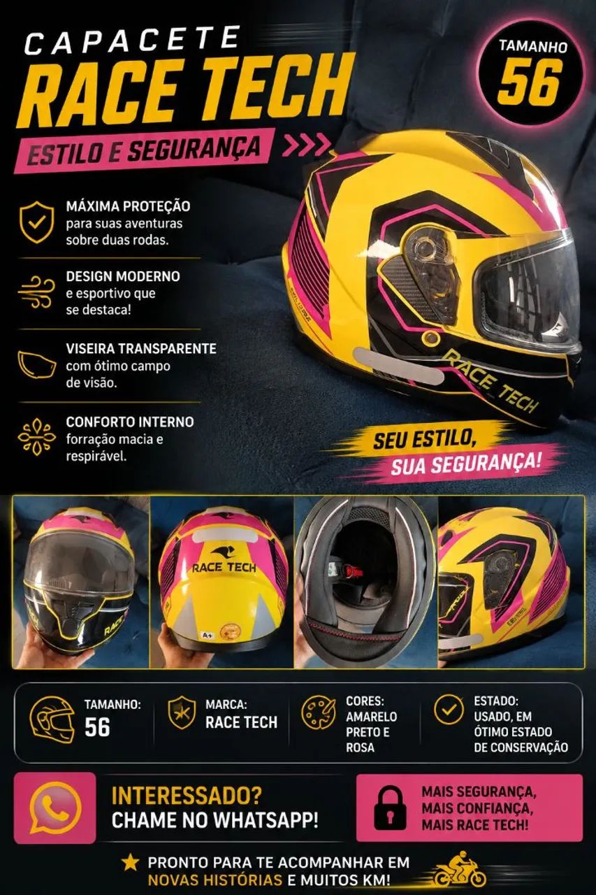 Capacete Race Tech tamanho 56 - Amarelo, Preto e Rosa