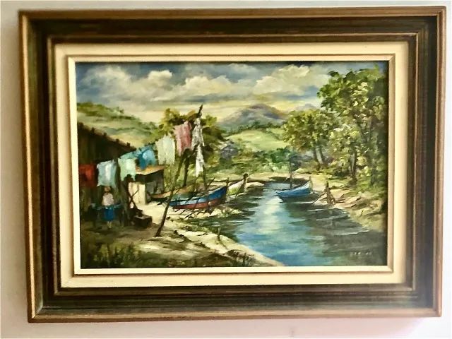 quadro óleo sobre tela ribeirinhos - moldura madeira
