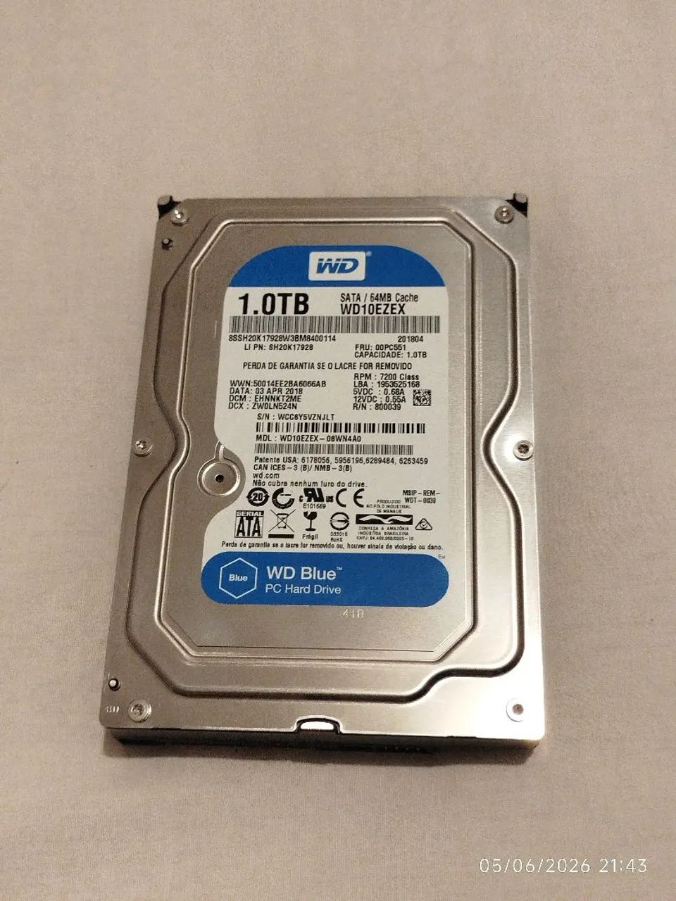 HD 1TB 3.5'' WD Blue WD10EZEX SATA - Sem setores realocados