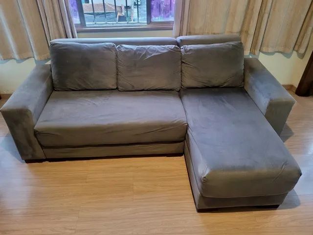 Sofá Modular 3 Lugares | Chaise Reversível + Puff | Vira Cama 