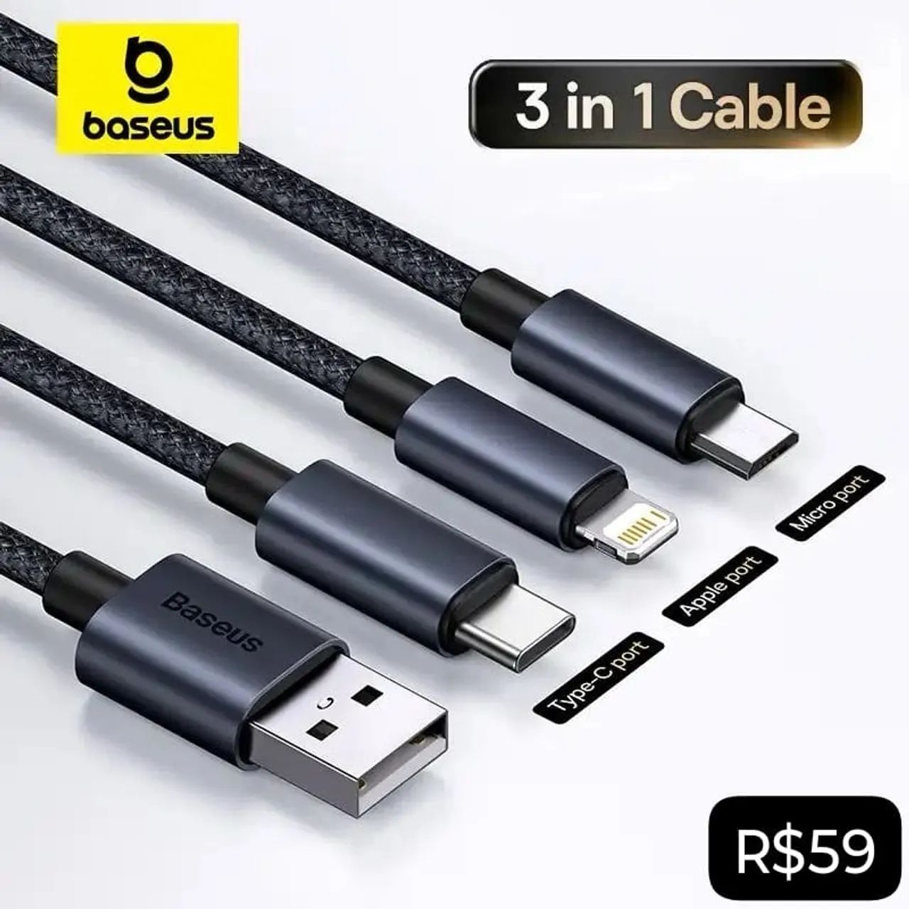 Cabo Baseus USB 3x1 - Produto Novo