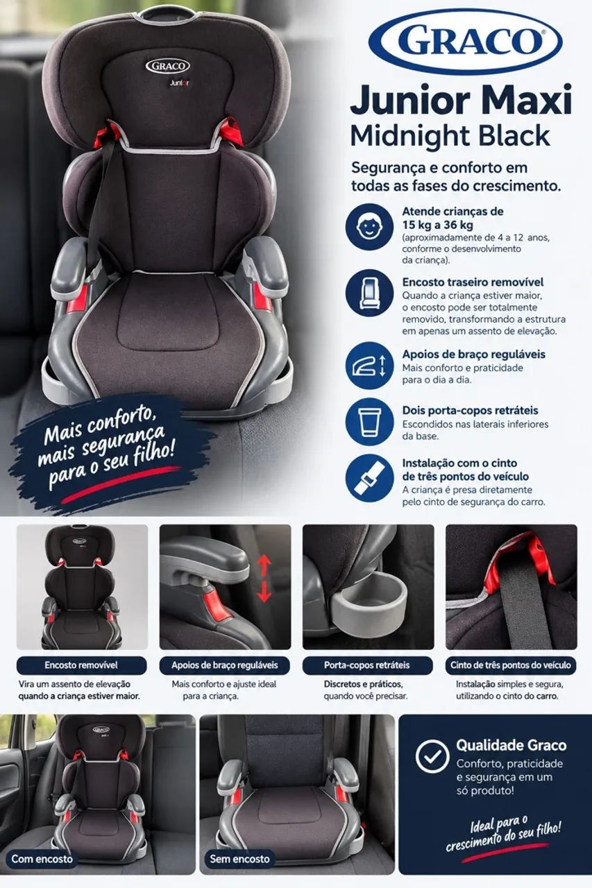 Cadeira de posicionamento de cinto da marca Graco, modelo Graco Junior Maxi midnight black