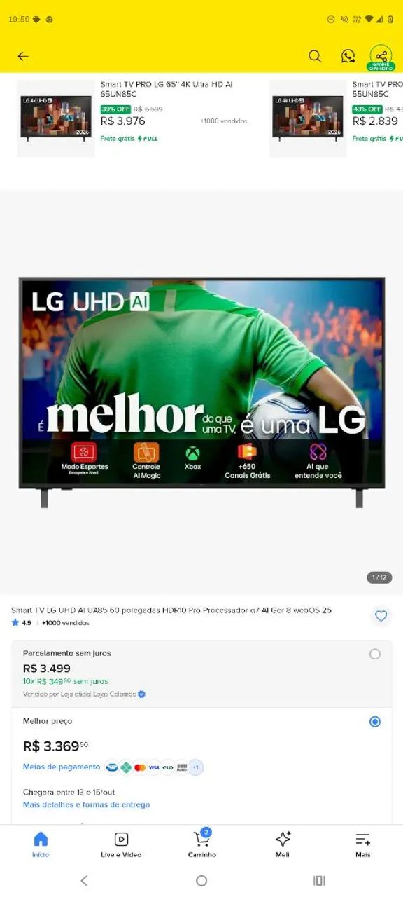 Vendo tv LG de 60 polegadas 4 meses de uso cem avarias em perfeito estado no valor de 2000
