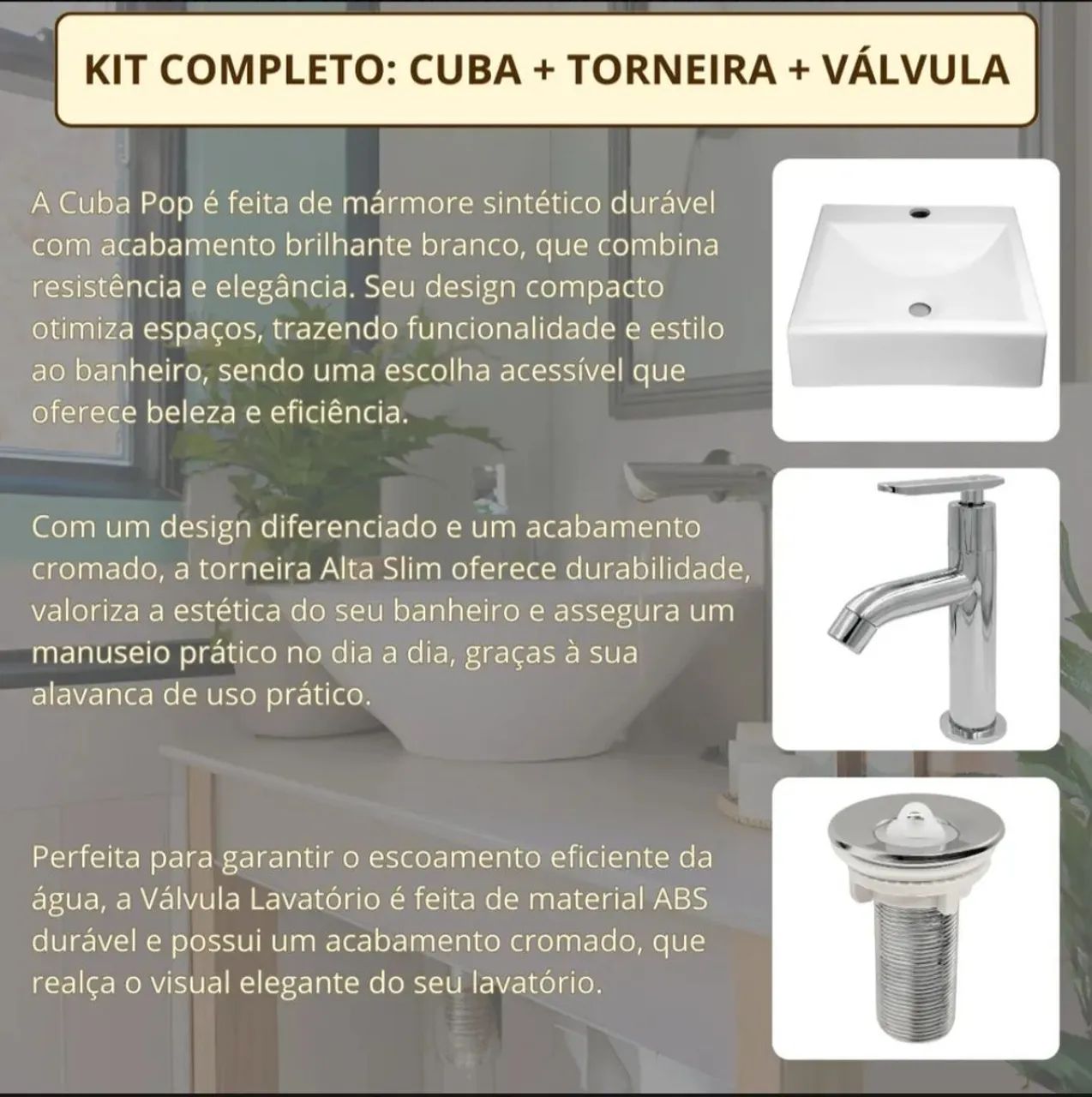 Kit Banheiro Completo: Cuba Pop + Torneira Alta Slim + Válvula (Novo) - Foto 3