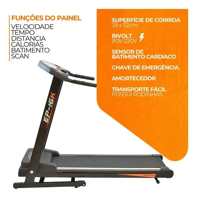 Esteira Ergométrica Elétrica Dobrável EP-16k 4 Programas Amortecedor 16km/h 120kg - Foto 3