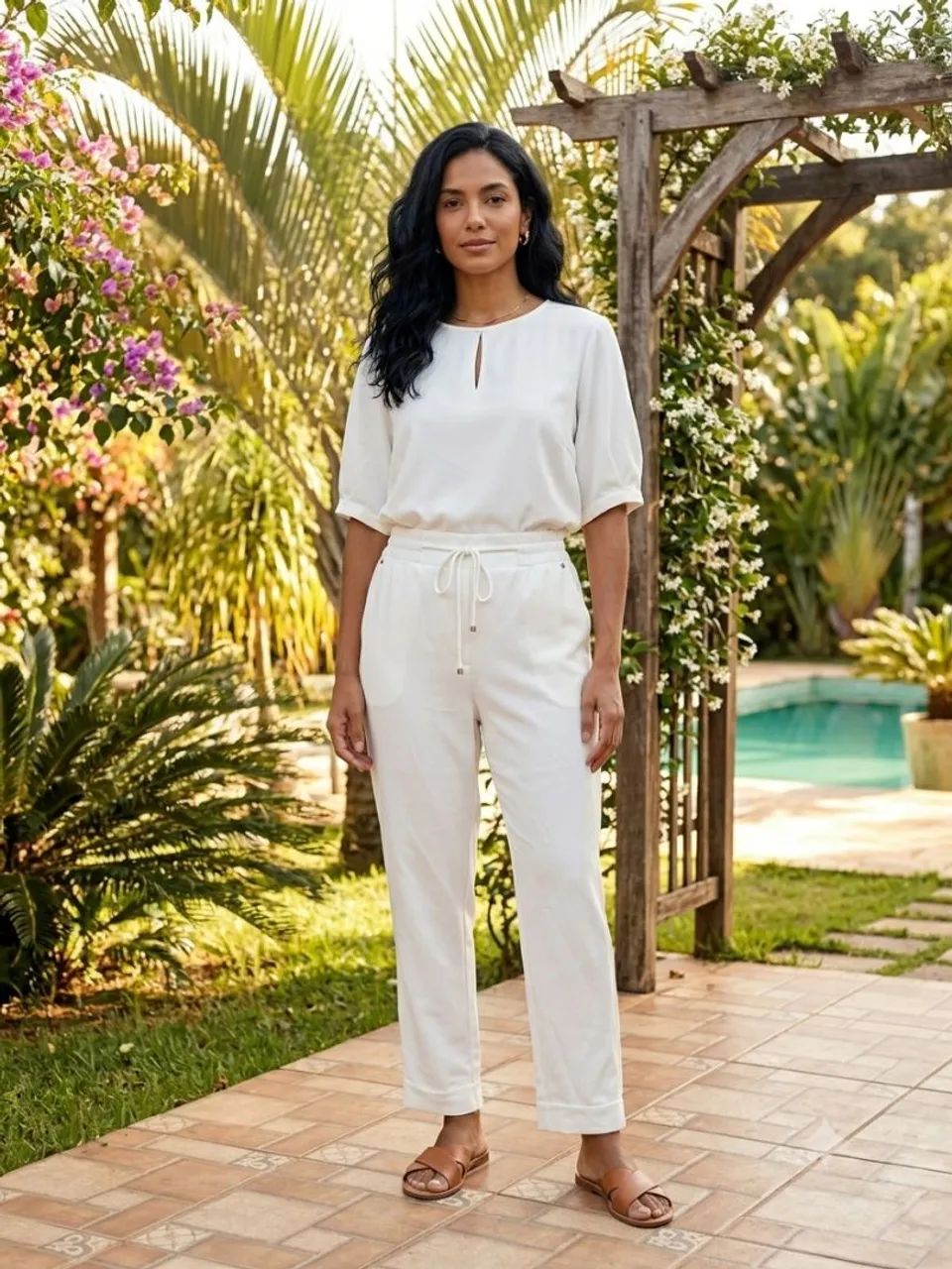 Conjunto feminino branco de calça e blusa 