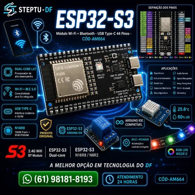 ESP32-S3 com módulo Wi-Fi e Bluetooth para Arduino IDE ESP32-S3-WROOM1 44 pinos  COD-AM664
