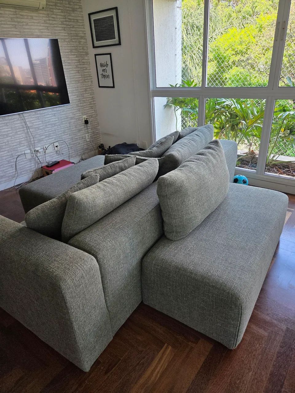 Sofá de design com 2 pufes | Bouclé verde oliva acinzentado - Foto 5