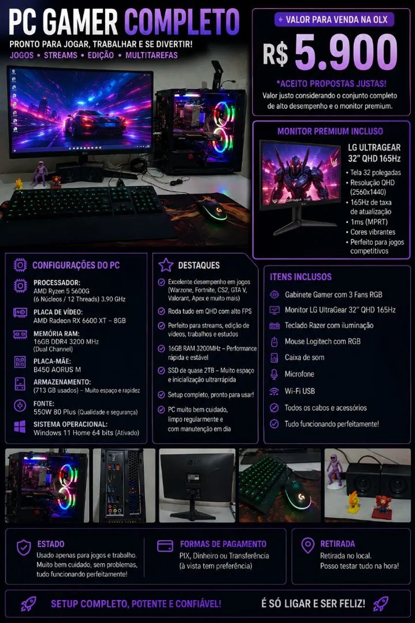 PC GAMER COMPLETO TUDO TOP É SÓ USAR. MAQUINA DE QUALIDADE.