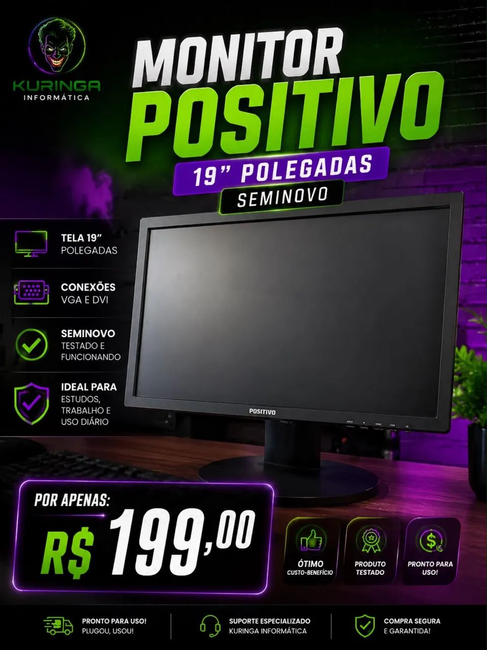 Monitor Positivo 19? polegadas,   VGA e DVI seminovo.   *R$ 199,99* ?
