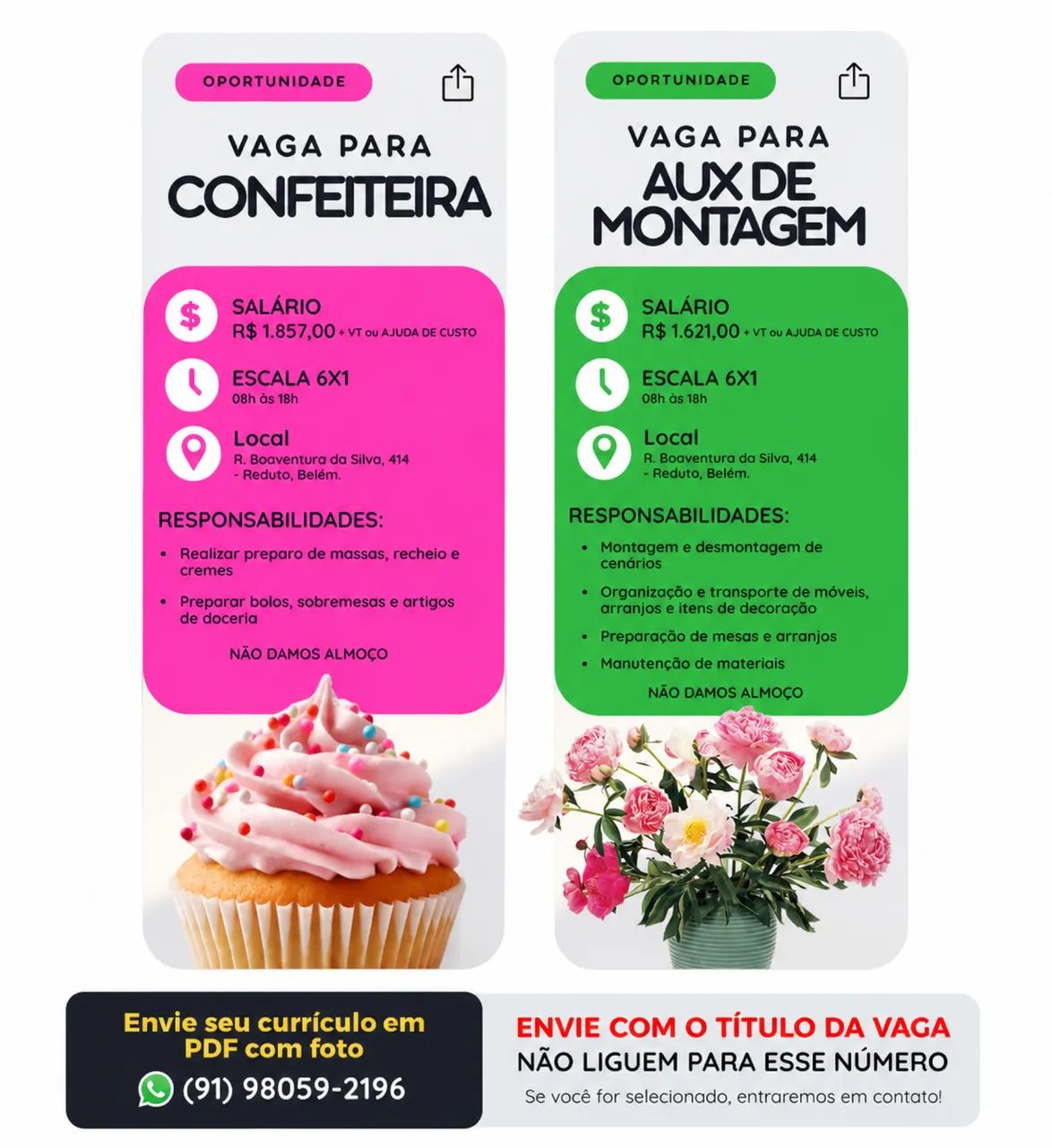Vaga de emprego para confeiteira e auxiliar de montagem 