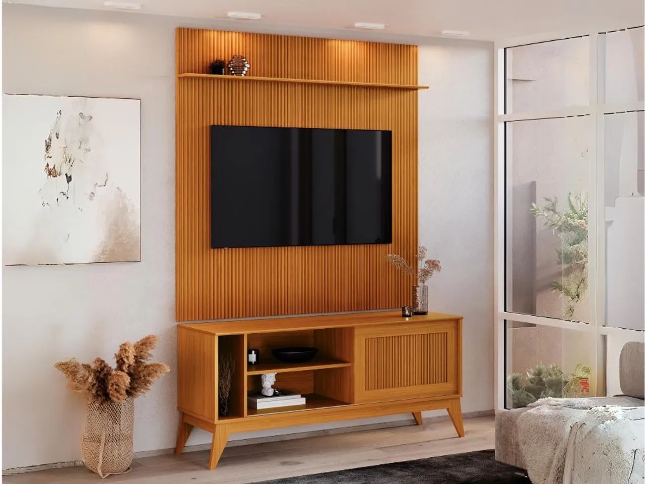 Rack com Painel Ripado Avant 55? - Cedro l754