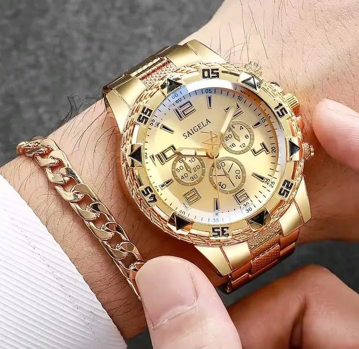 Relogio , pulseira, colar e anel dourados masculino - Foto 2