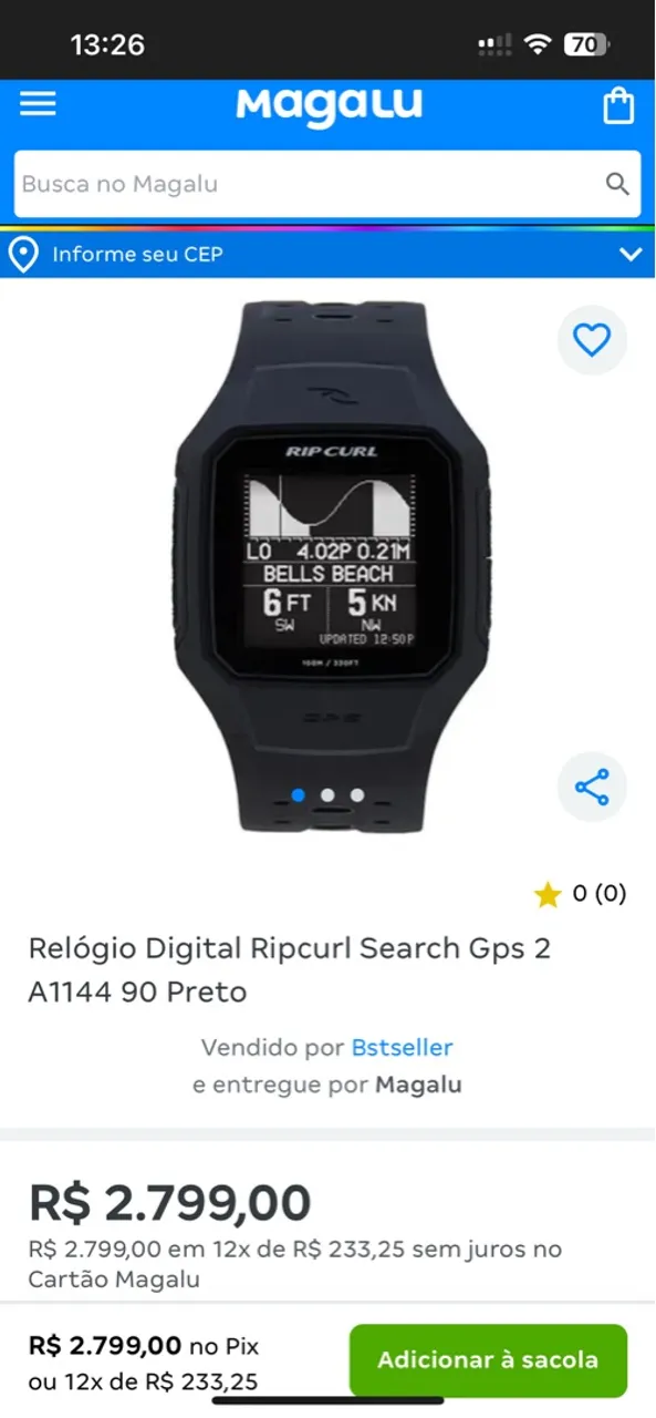 Relógio Digital Ripcurl Search Gps 2 A1144 90 Preto
