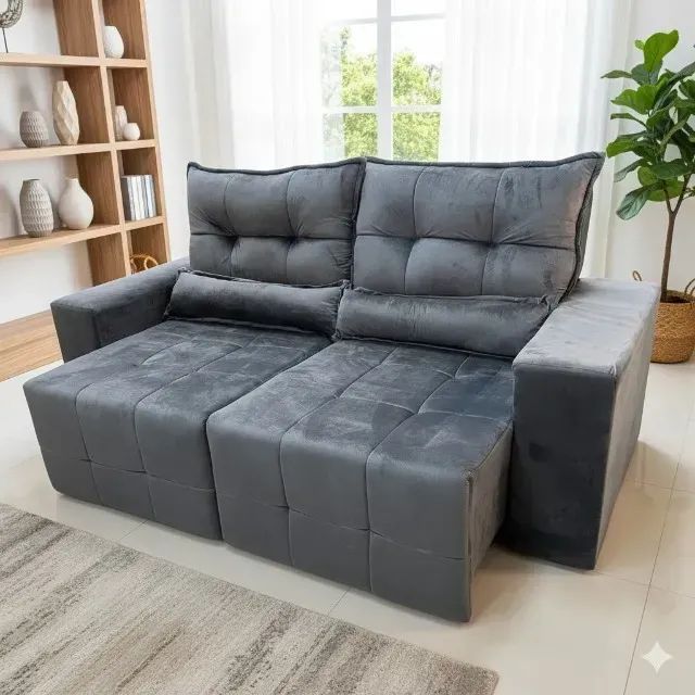 Sofá retratil e reclinavel turqueza veludo cinza