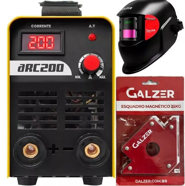Máquina de Solda Portátil 200A Profissional + Máscara Automática + Esquadro Magnético 25kg