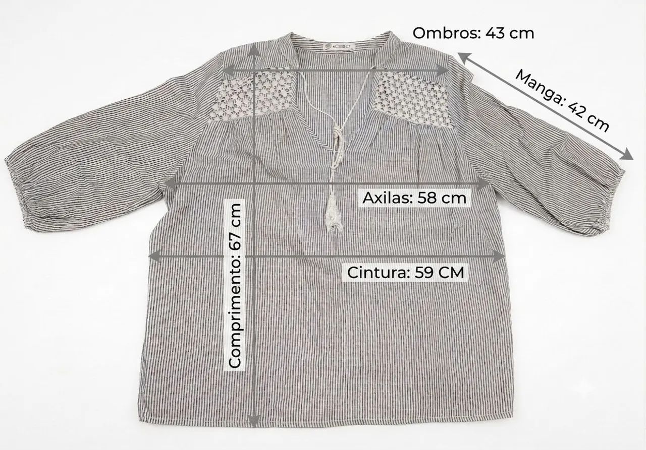 Bata Blusa Listrada Boho Chic Linho/Algodão Detalhe Renda - Foto 3
