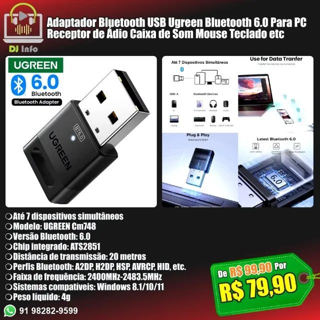 Adaptador Bluetooth USB Ugreen Bluetooth 6.0 Para PC