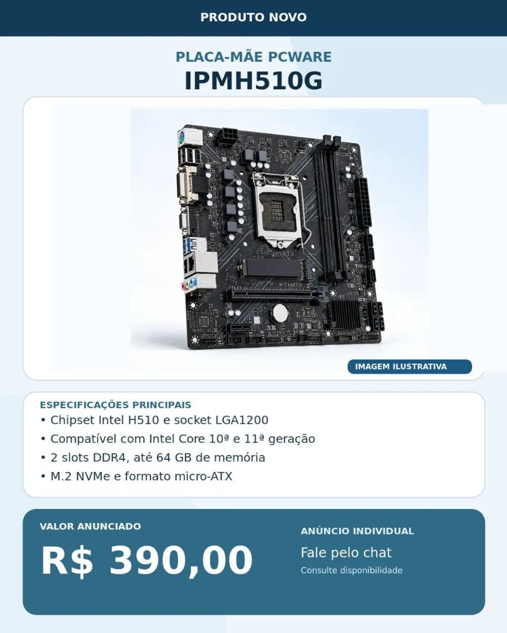 Placa-mãe PCWare IPMH510G, produto novo e sem uso.