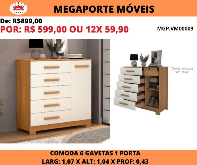 Cômoda Roma 1 Porta 6 Gavetas