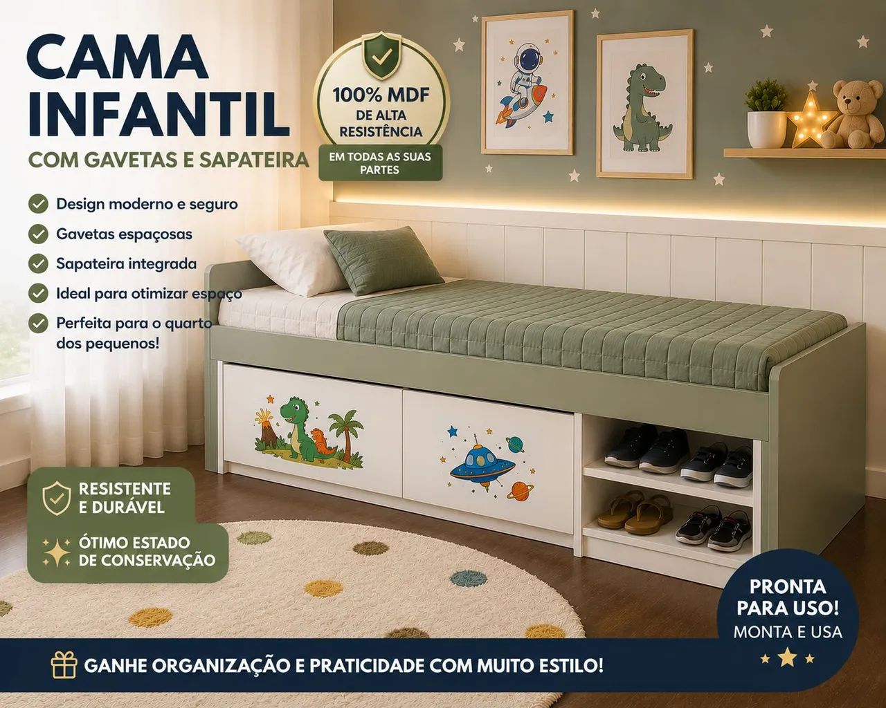 Cama Infantil Solteiro 100% MDF com 2 Gavetas e Sapateira