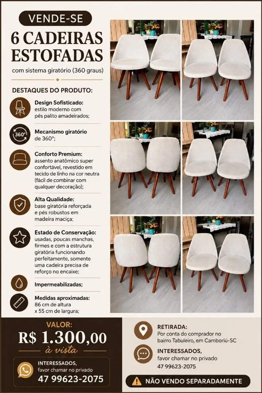 6 Cadeiras Estofadas Giratórias