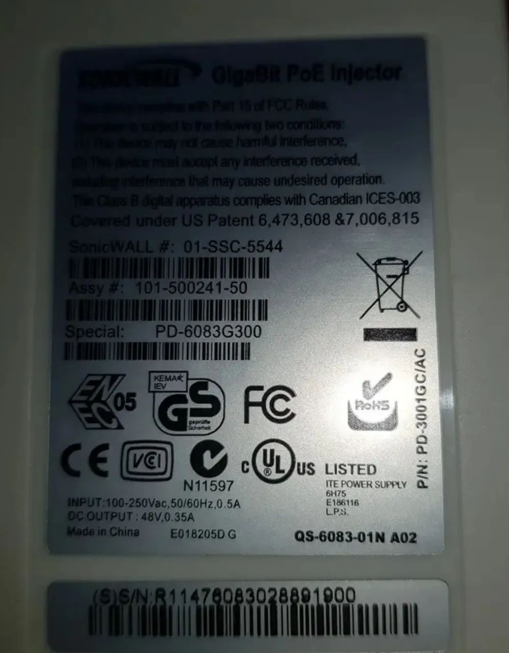 PoE Power Injector SonicWall Gigabit - Mod. 01-SSC-5544 - Original - Foto 5