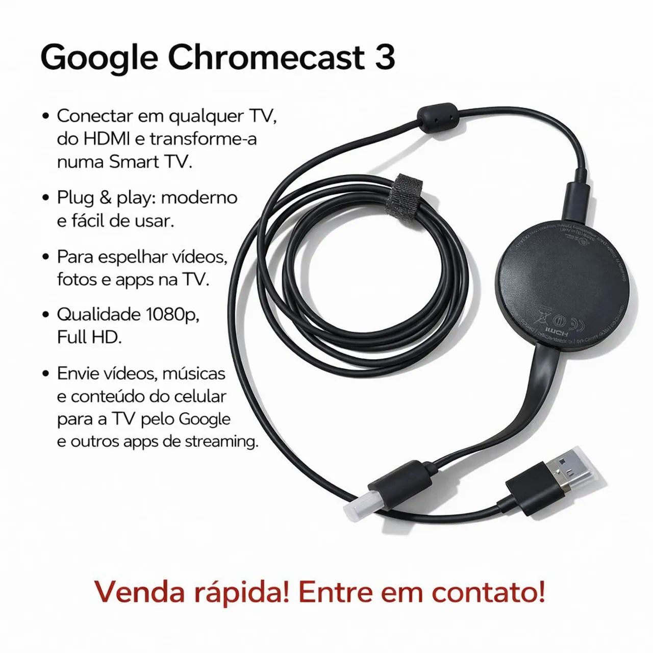 Google Chromecast 3 Original - Transforme sua TV em Smart TV FullHD