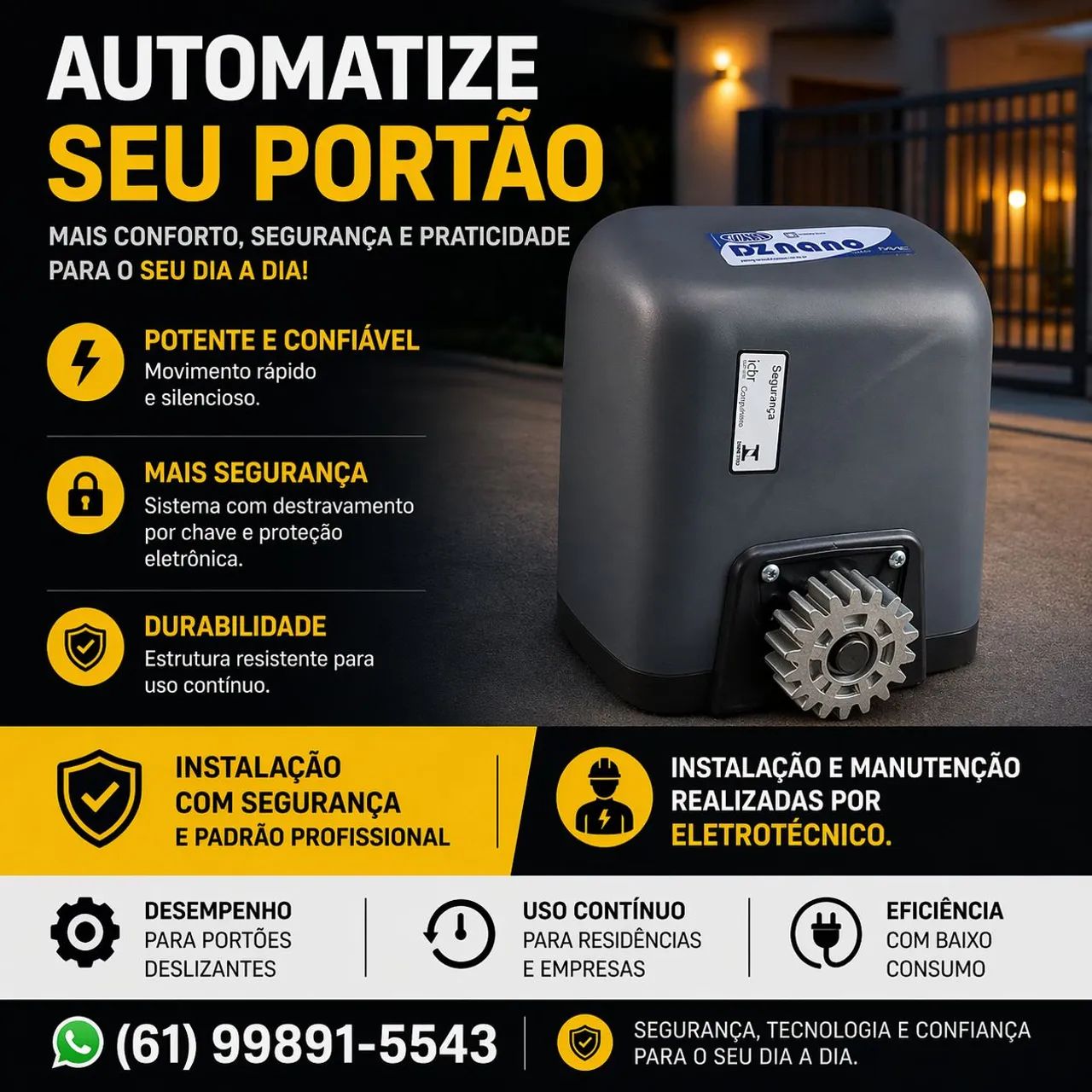Motor de portão Rossi DZ Nano Turbo 600kg completo funcionando
