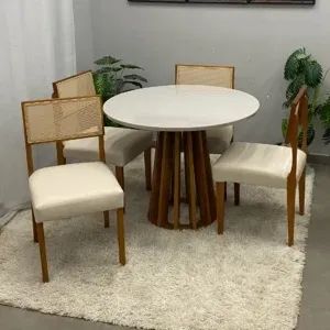 Mesa de Jantar Berlim 100cm Redonda com Vidro e 4 Cadeiras  Madeira